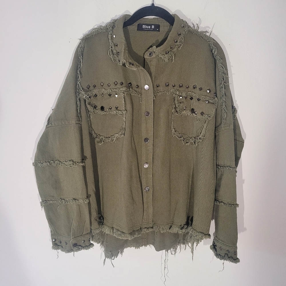 Blue B Collection Studded Army Green Jacket Midweight Cotton Military Distressed